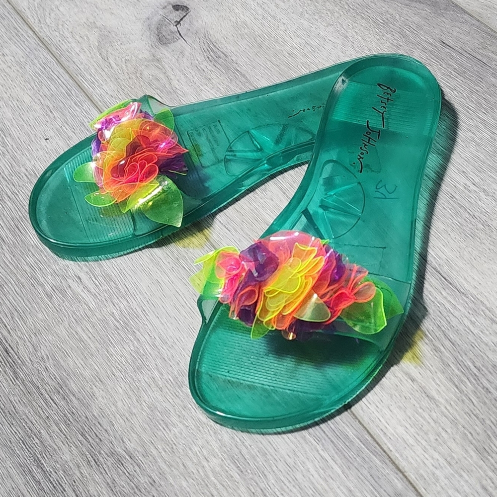 Betsey Johnson Evviee Model Teal Jelly Slides W/ Tropical Flair Womens Size 7